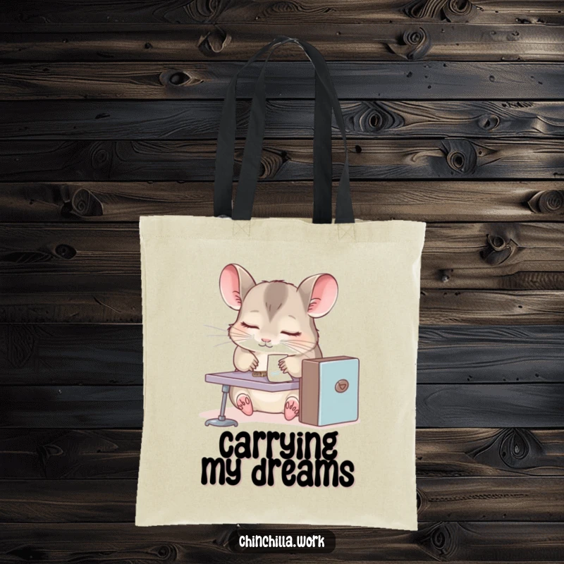 Funny chinchilla tote bag, sleepy rodent at tiny desk, paperclip stuck to fur, ideal for carrying books and office supplies humorously.
