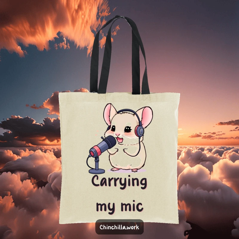 Funny tote bag with a chinchilla wearing a gaming headset, chuckling into a microphone, perfect for carrying essentials with humor.