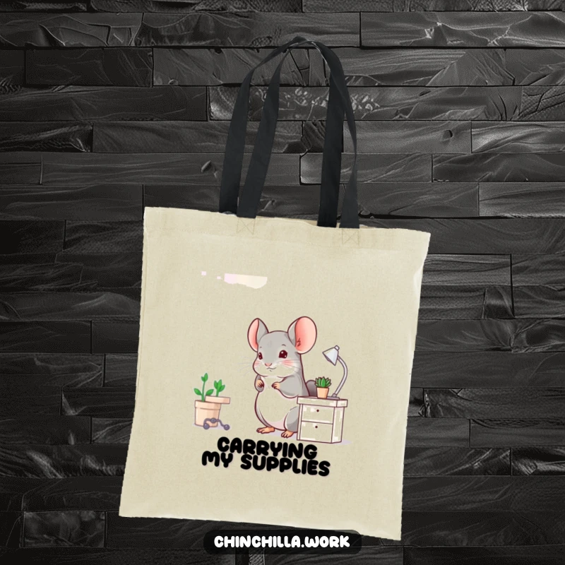 Funny Chinchilla Tote Bag: A chinchilla performs a happy hop at a tiny desk, symbolizing energetic productivity and fun.