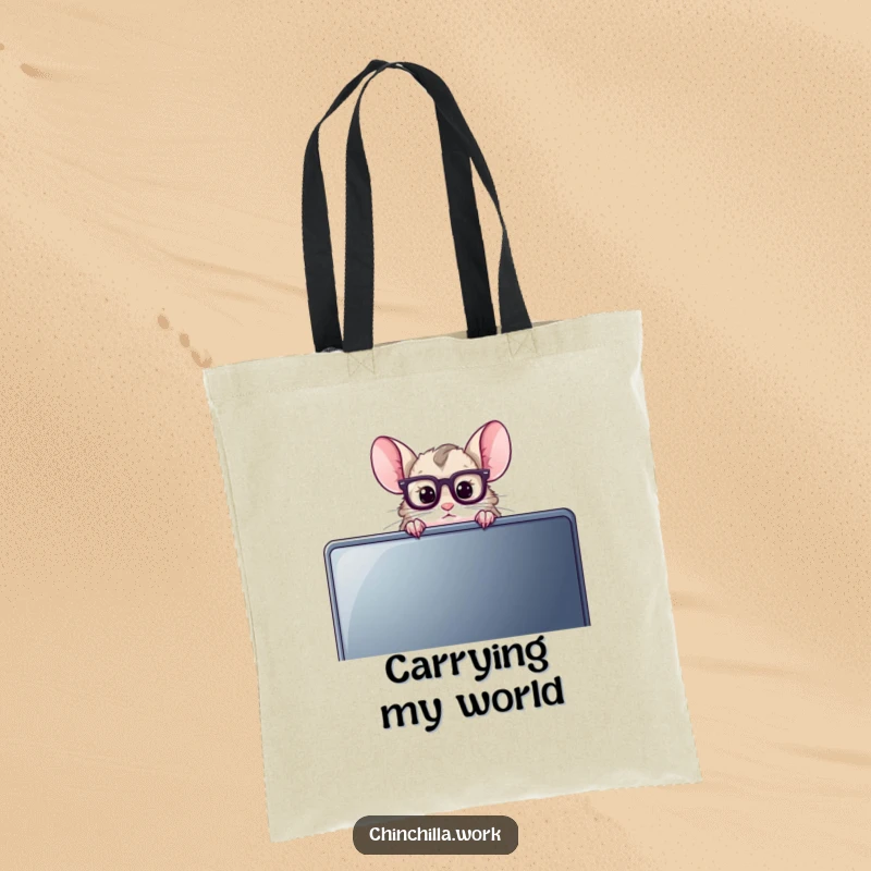 Funny Chinchilla Tote Bag featuring a chinchilla with reading glasses observing a large computer monitor, ideal for book lovers.