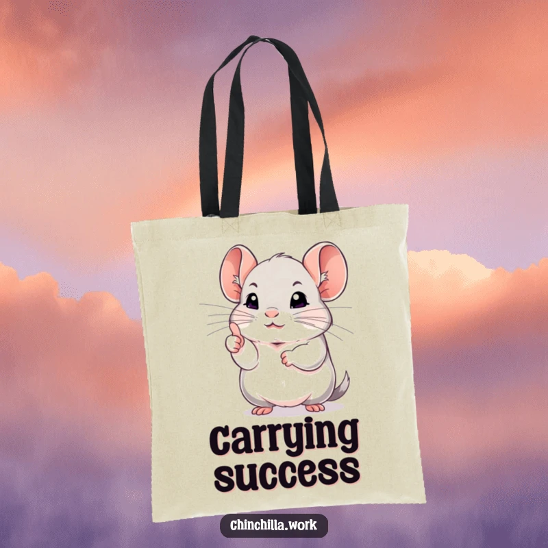 Funny chinchilla tote bag showing a rodent giving a determined thumbs up, a humorous and motivational accessory.