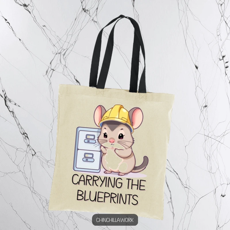 Funny chinchilla tote bag showing a rodent in a hard hat inspecting a file cabinet, a humorous and practical accessory.