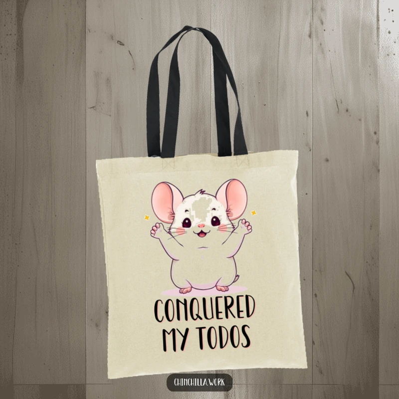 Funny chinchilla tote bag featuring a chinchilla with all four paws triumphantly in the air, celebrating a successful project completion, perfect for carrying essentials.