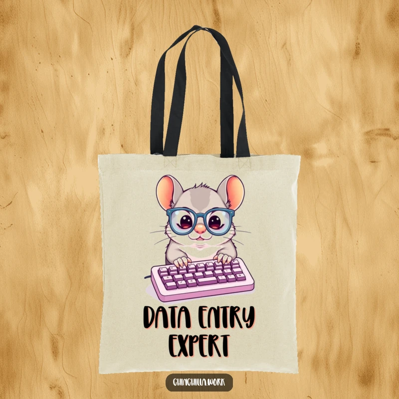 Funny Tote Bag: Determined chinchilla with oversized glasses typing rapidly on a small keyboard, a humorous symbol of productivity.