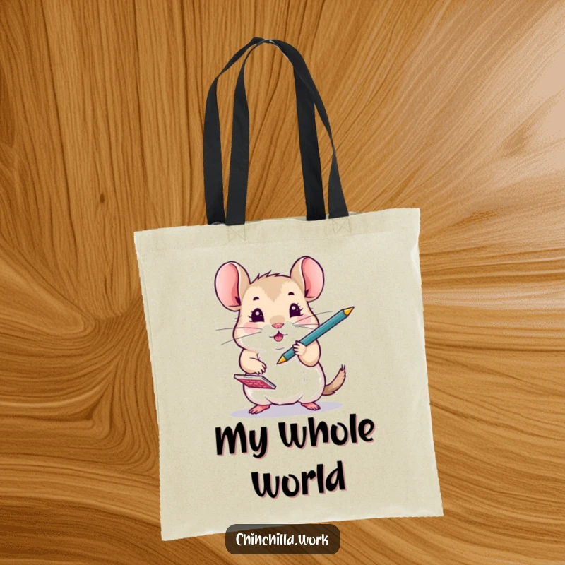Funny Chinchilla energetically juggling a pen and notepad on a tote bag, ideal for carrying books and essentials.
