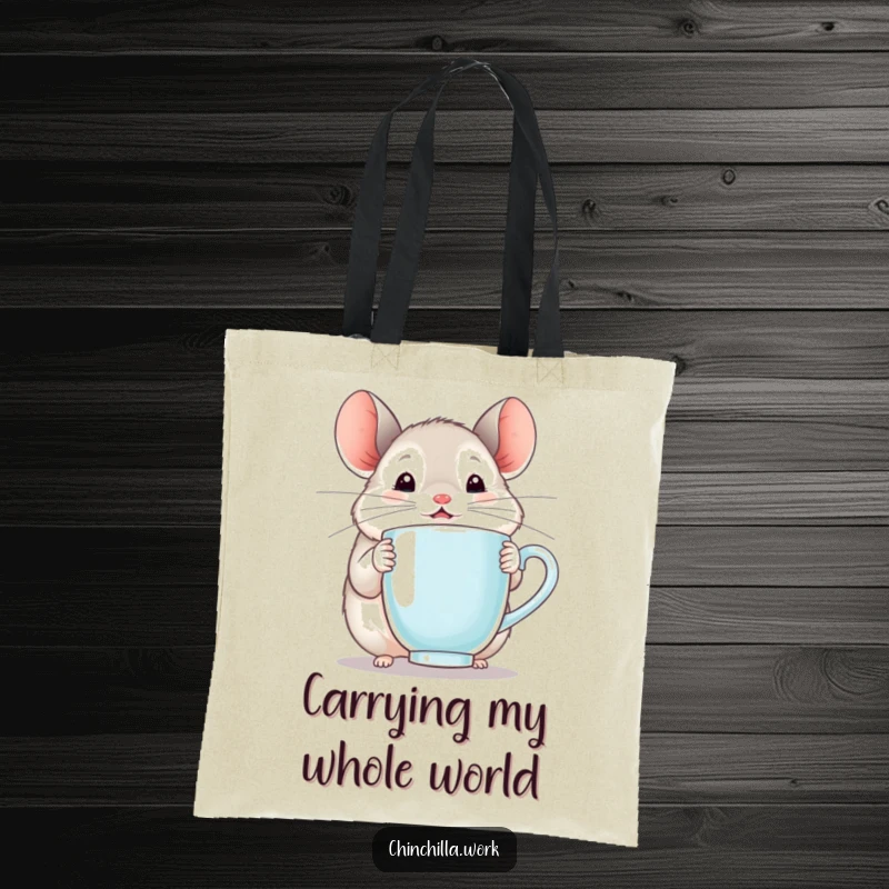Funny chinchilla tote bag showcasing a happy rodent delightedly holding a steaming mug, perfect for errands.