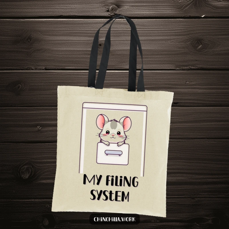 Funny chinchilla character popping its head out of a filing cabinet, depicted on a durable tote bag for humorous storage.