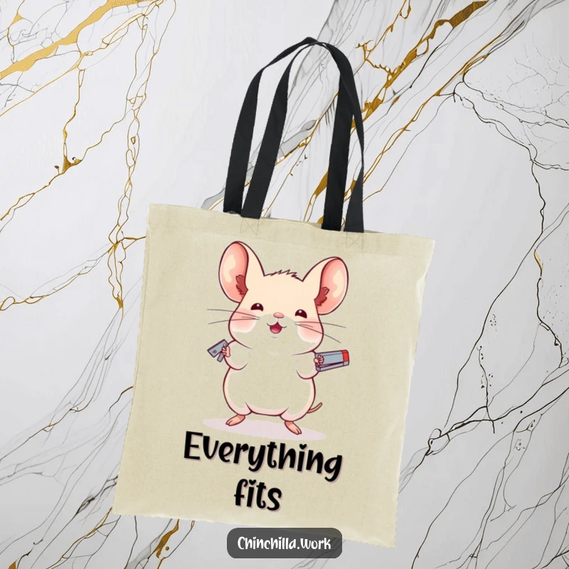 Funny tote bag with a chinchilla skillfully juggling staplers with impressive balance, perfect for carrying essentials with unique humor.
