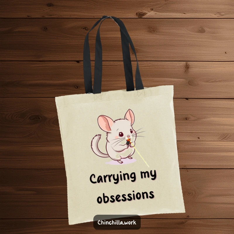 Funny tote bag with a chinchilla frantically chasing a laser pointer across a whiteboard, perfect for carrying essentials with humor.