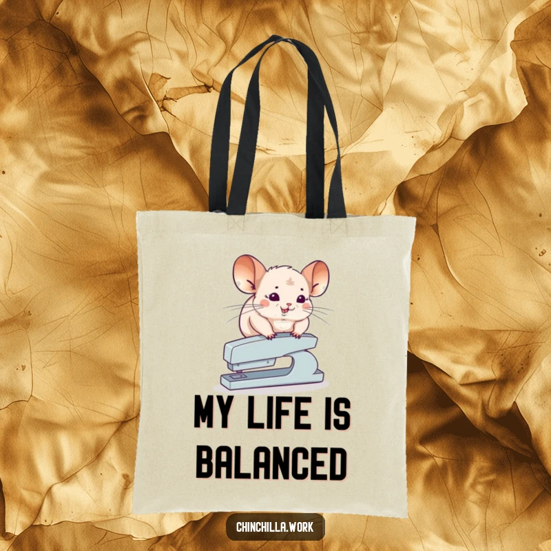 Funny Chinchilla Tote Bag featuring a chinchilla attempting to balance on top of a stapler, a humorous and functional accessory.