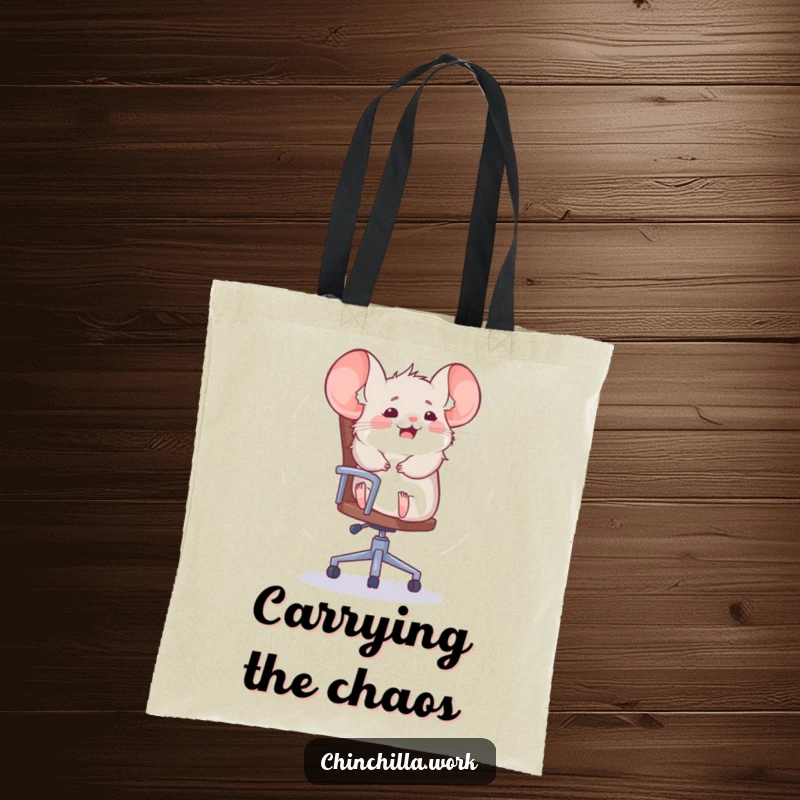 Funny chinchilla tote bag showing a rodent spinning wildly on an office chair, a humorous and practical accessory.