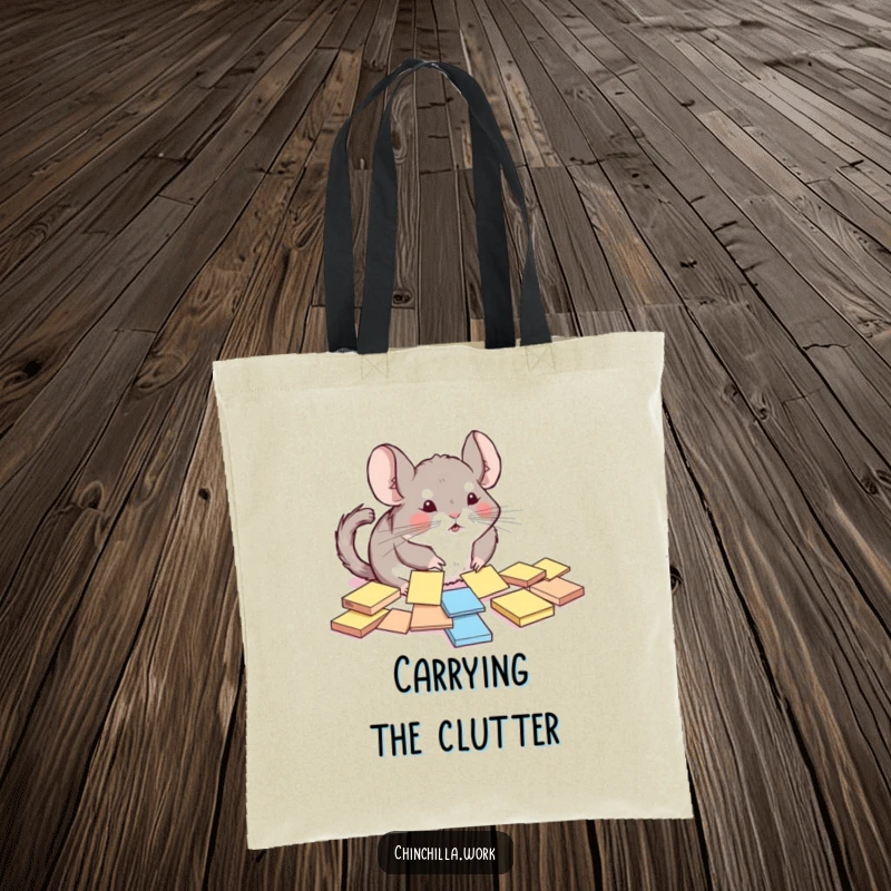 Funny chinchilla tote bag showing a rodent comically trying to organize sticky notes, a humorous and practical accessory.