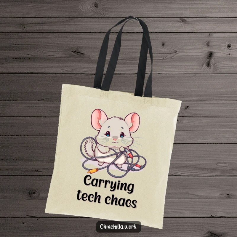 Funny Tote Bag: A kawaii chinchilla investigating tangled computer cables, perfect for carrying items with tech-related humor.