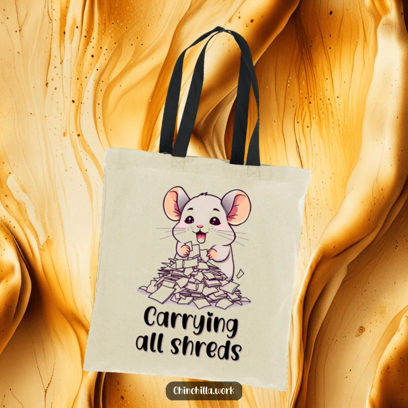 Funny chinchilla tote bag with a cute creature enthusiastically shredding important papers, a humorous and practical accessory.