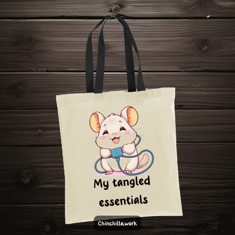 Funny Chinchilla Tote Bag: Features a chinchilla tangled in a charging cable, perfect for carrying essentials with a touch of humor, funny gift.