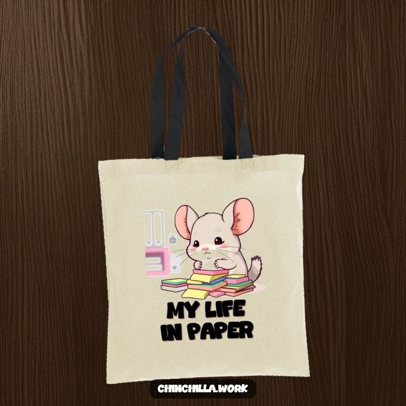 Funny tote bag with a kawaii office chinchilla attempting to stack colorful sticky notes, office humor.