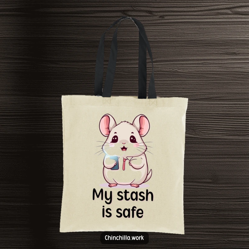 Funny tote bag showcasing a kawaii office chinchilla startled by a flashing light, great for everyday use.