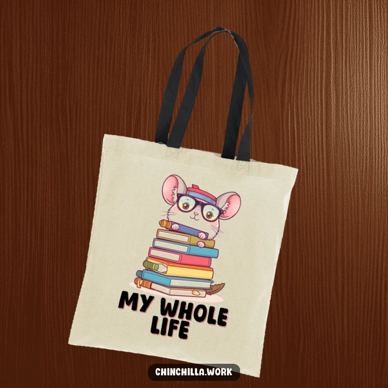 Funny chinchilla office chaos tote bag with a character holding a precarious stack of supplies, ideal for carrying items with work humor.
