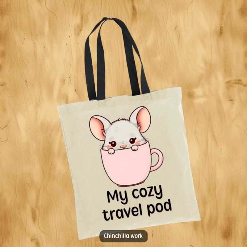 Funny office chinchilla tote bag, hiding in a coffee mug with ears showing, perfect for carrying essentials with coffee charm.