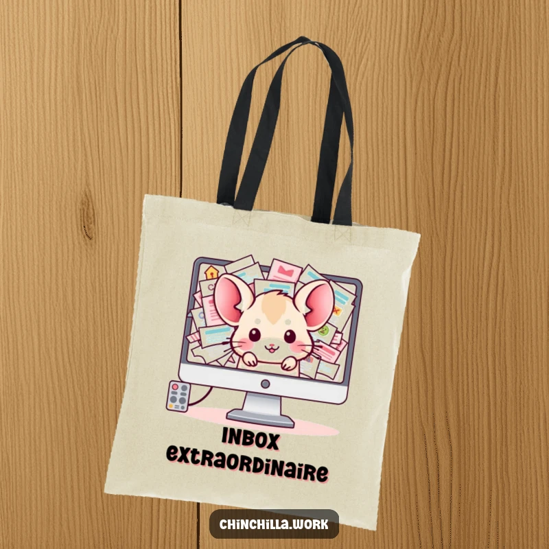 Funny Chinchilla Tote Bag: A kawaii office chinchilla pops out from a computer screen showing a chaotic, overflowing inbox.