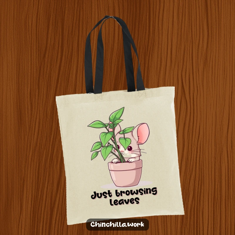 Funny chinchilla tote bag featuring a rodent peeking from office greenery, ideal for everyday use and humor.