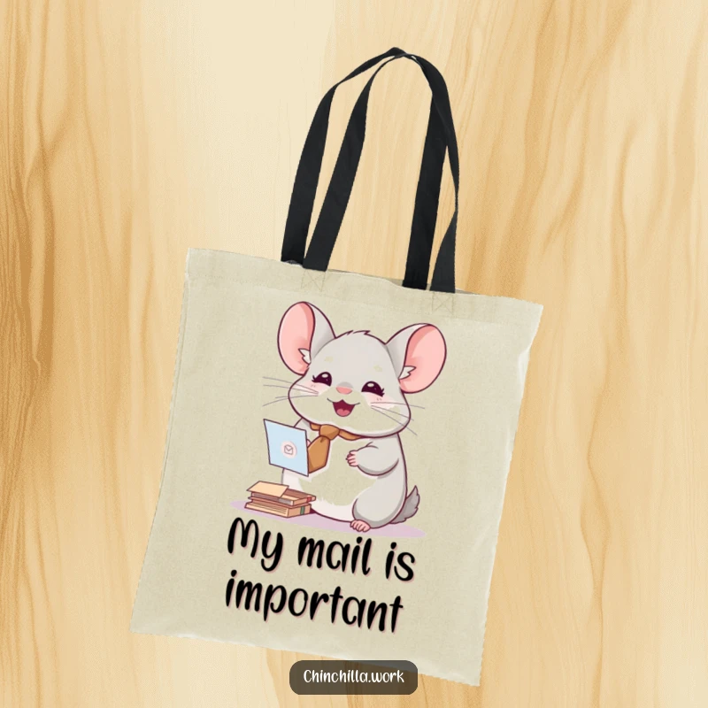 Funny tote bag with a chinchilla wearing a tiny tie, joyfully sorting mail, perfect for stylish organization.