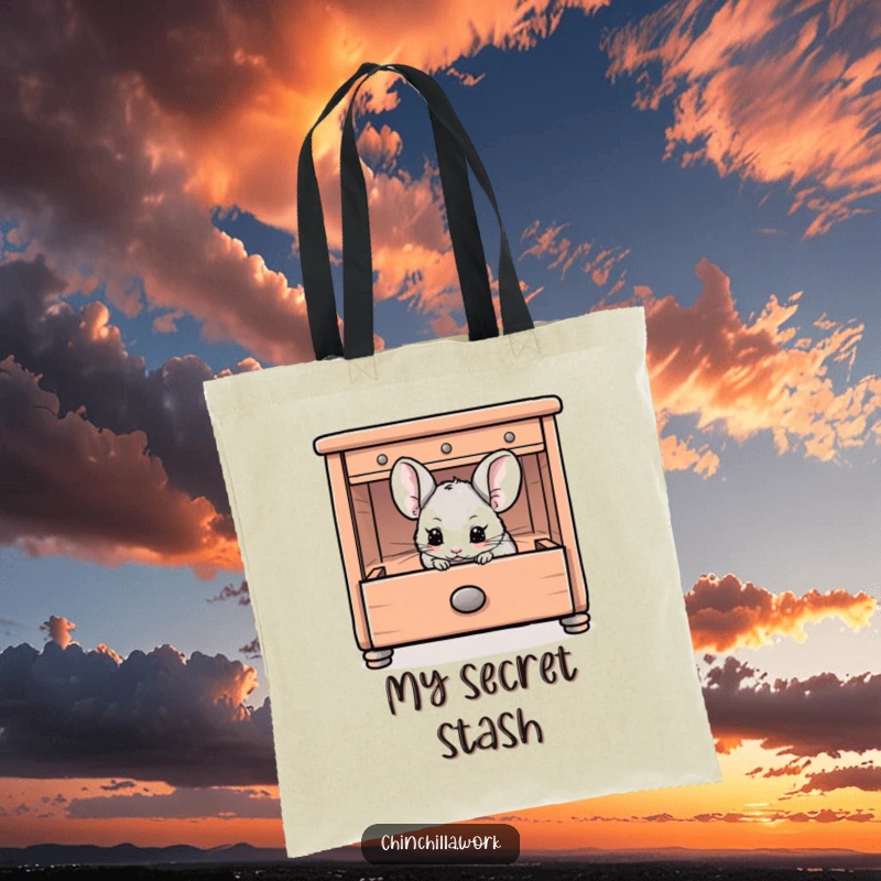 Funny Chinchilla Tote Bag featuring a chinchilla playfully hiding inside an open desk drawer, a humorous and functional accessory.