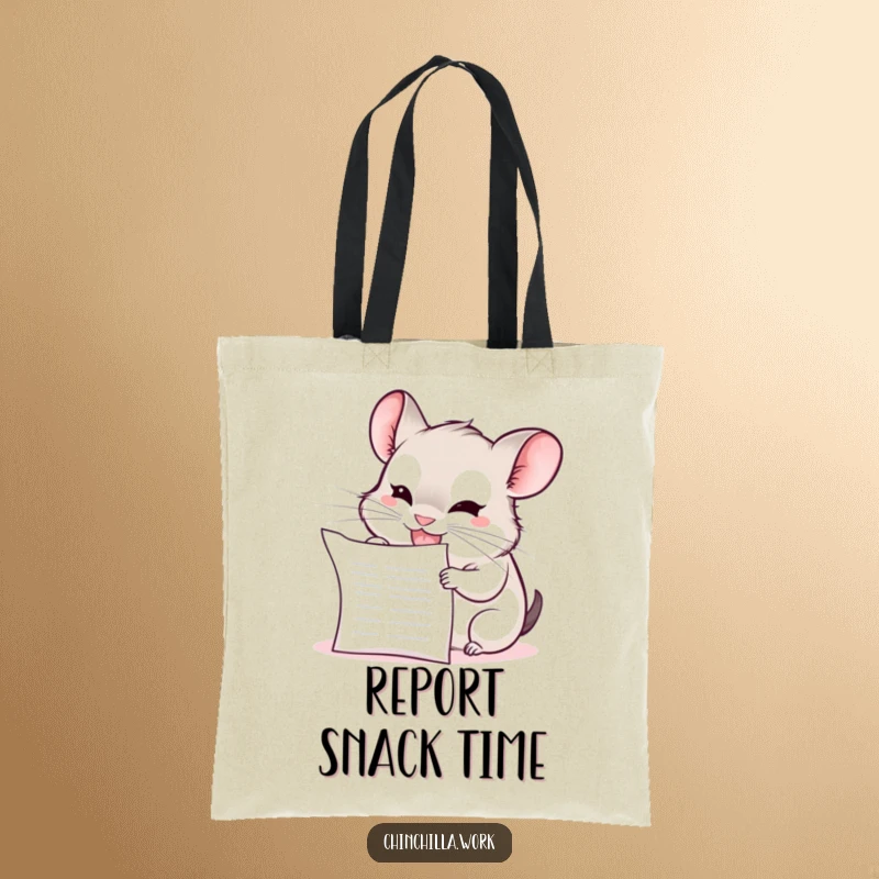 Funny Chinchilla Tote Bag: A kawaii office chinchilla grins mischievously while chewing on a blank report.