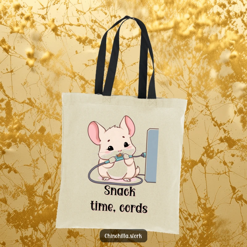 Funny tote bag with a kawaii office chinchilla aggressively chewing a charging cable, a tech lover's humor.